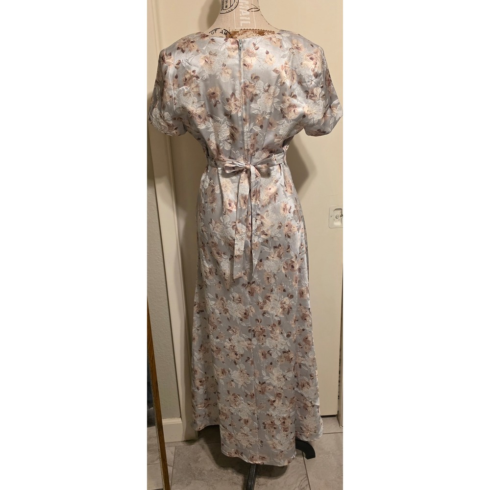 Vintage DBY Ltd Floral Jacquard Maxi Dress Blue Champagne Square Neck Sz 11 - Picture 4 of 7